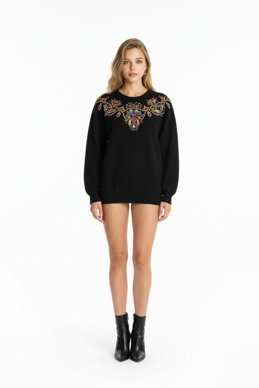 Lindsey Blake Vintage Bejeweled Embellished Embroidered Tunic Sweater Size L